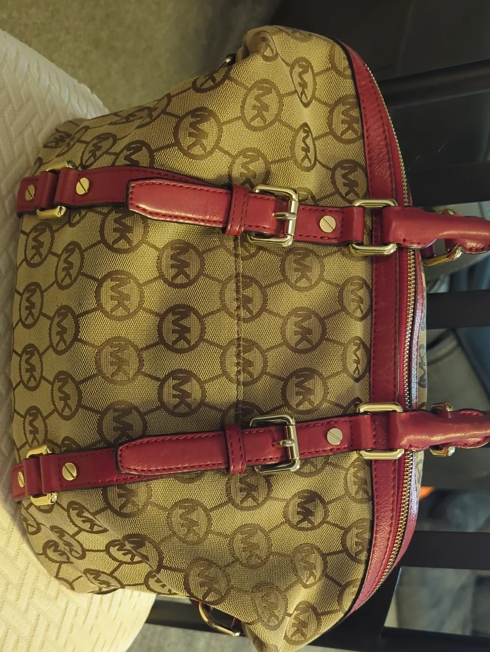 Michael Kors Jet Set Signature Logo Satchel in Brown with Red Trim